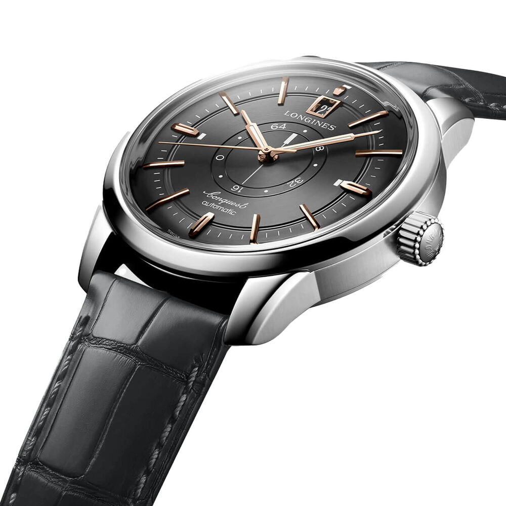 Longines Conquest Heritage Central Power Reserve 38mm Anthracite Dial Grey Leather Strap Watch image number 2