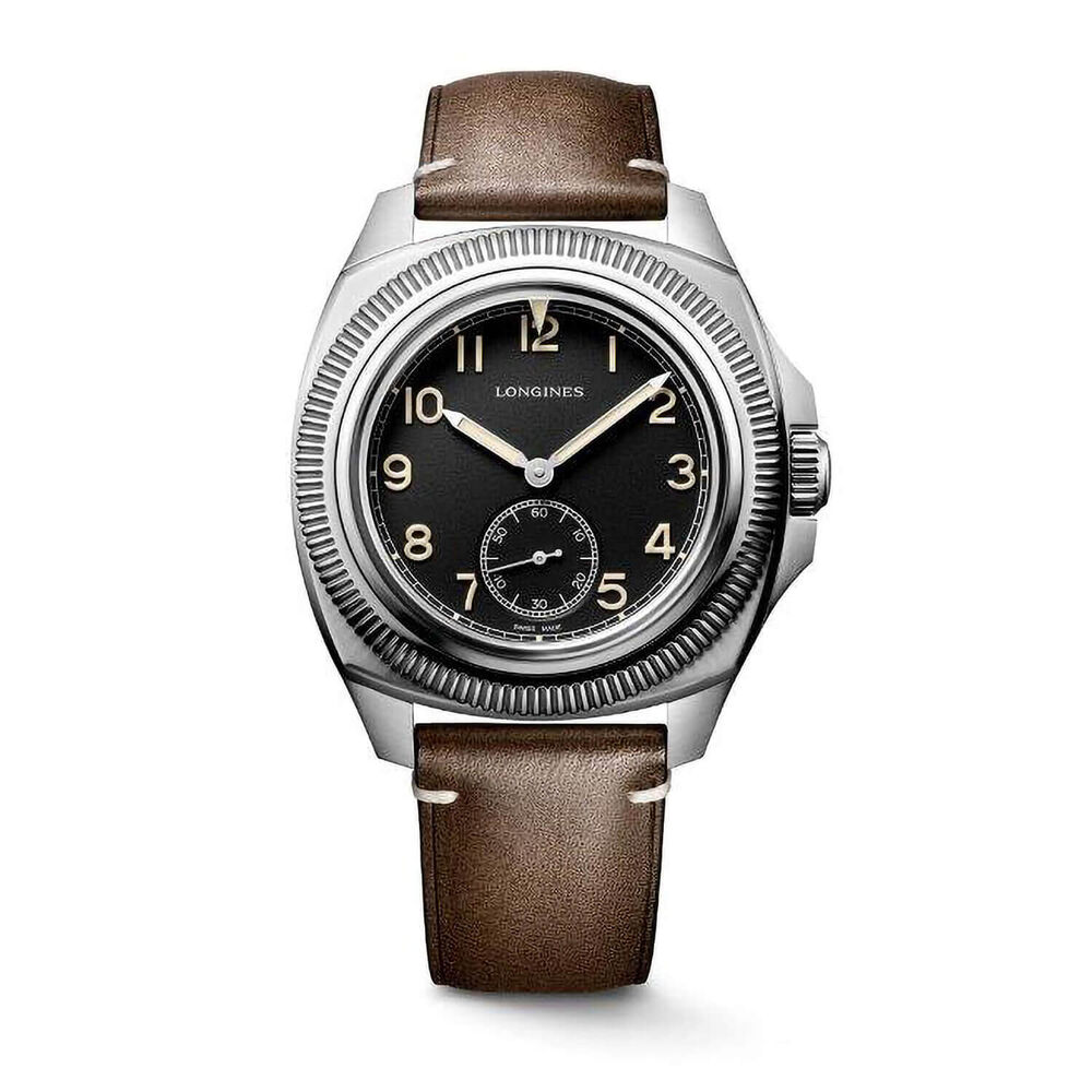 Longines Pilot Majetek 43mm Black Dial Steel Case Brown Strap Watch