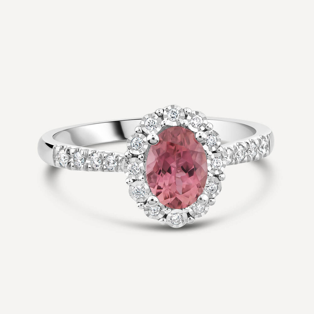 9ct White Gold Oval Pink Tourmaline Centre 0.13ct Diamond Cluster & Shoulders Ring image number 2