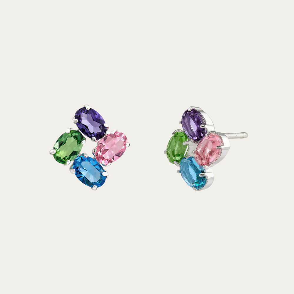 Sterling Silver 4 Multi Colour Oval Cubic Zirconia Stud Earrings
