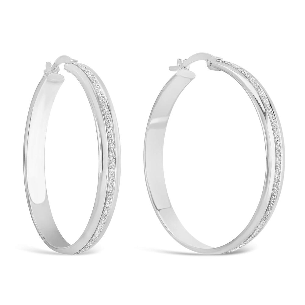 9ct White Gold Large 30mm Glitter Hoop Earrings image number 1