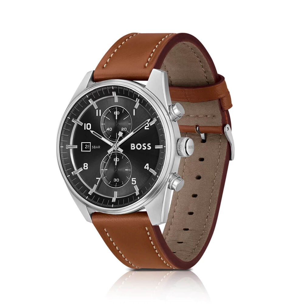 BOSS Skytraveller Chronograph 44mm Black Dial Brown Leather Strap Watch