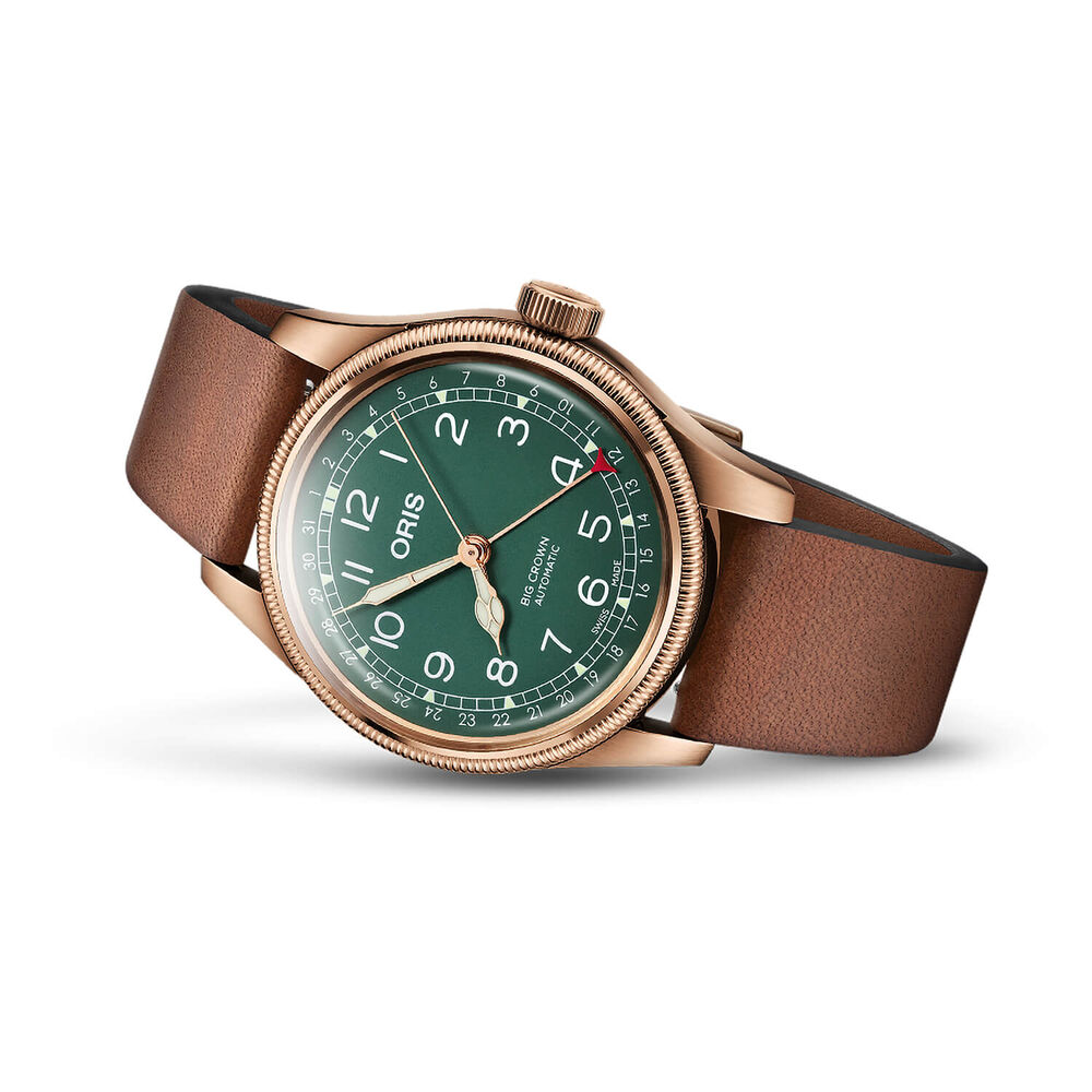 Pre-Owned Oris Big Crown Pointer Date 40mm Green Dial Brown Leather Strap Watch