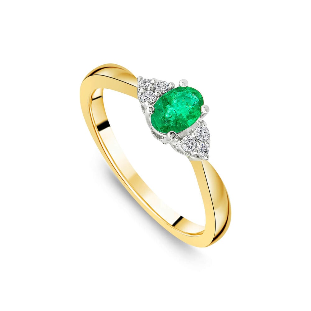 9ct Yellow Gold Oval Emerald & Trefoil 0.07ct Diamond Sides Ring