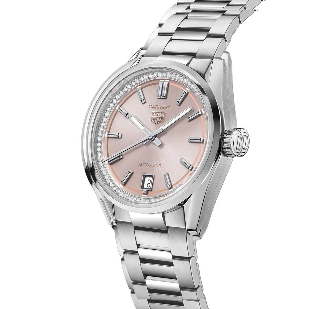 TAG Heuer Carrera Date 36mm Pink Dial Diamond Bezel Stainless Steel Bracelet Watch