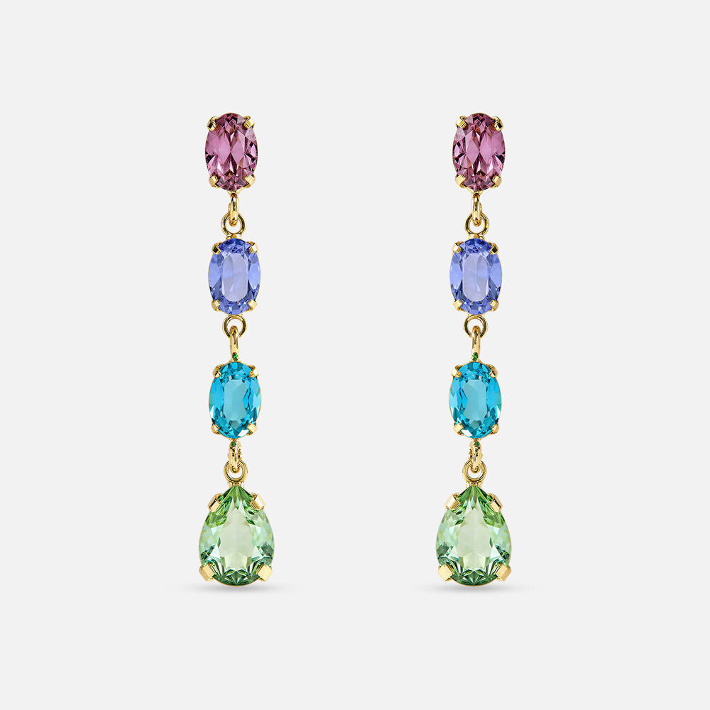 Yellow Gold Plated Sterling Silver Multi Colour Oval Cubic Zirconia Drop Earrings