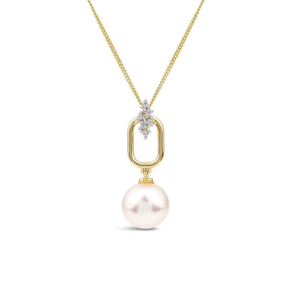9ct Yellow Gold Freshwater Pearl & Six Diamond Stones Rectangular Tip Pendant image number 0