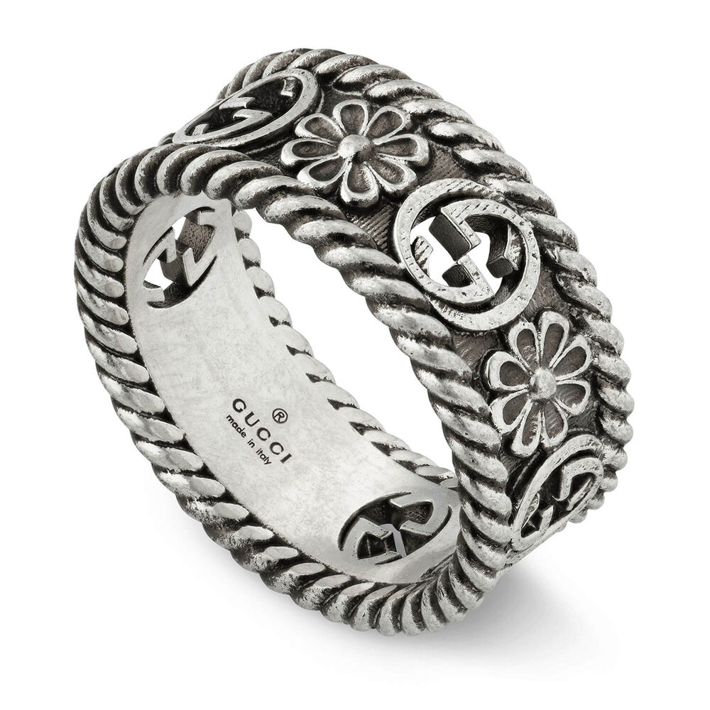 Gucci Interlocking G 8.5mm Floral Silver Ring (UK Size M-N)
