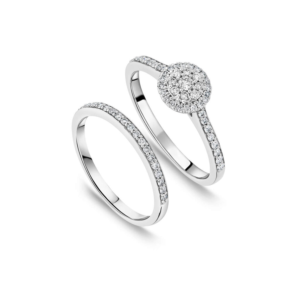 9ct White Gold 0.46ct Round Halo Cluster Diamond Bridal Set image number 0