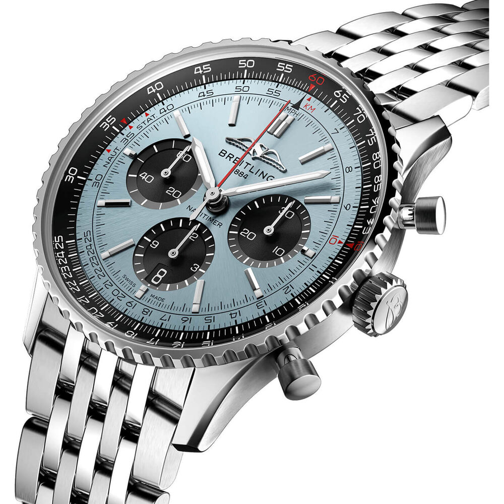 Breitling Navitimer B01 Chronograph 43 Ice Blue Dial Black Details Steel Bracelet Watch