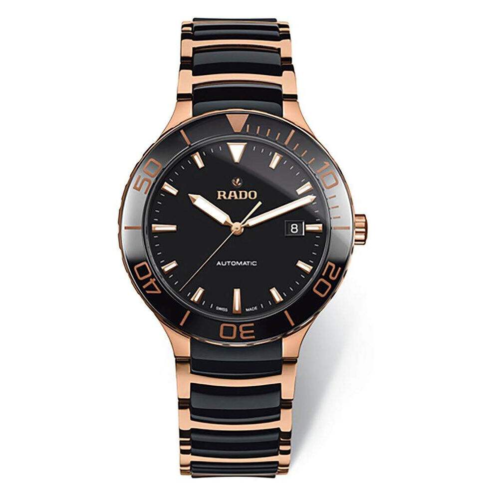 Rado Centrix Black Dial Rose Gold Black Ceramic Bracelet Mens Watch