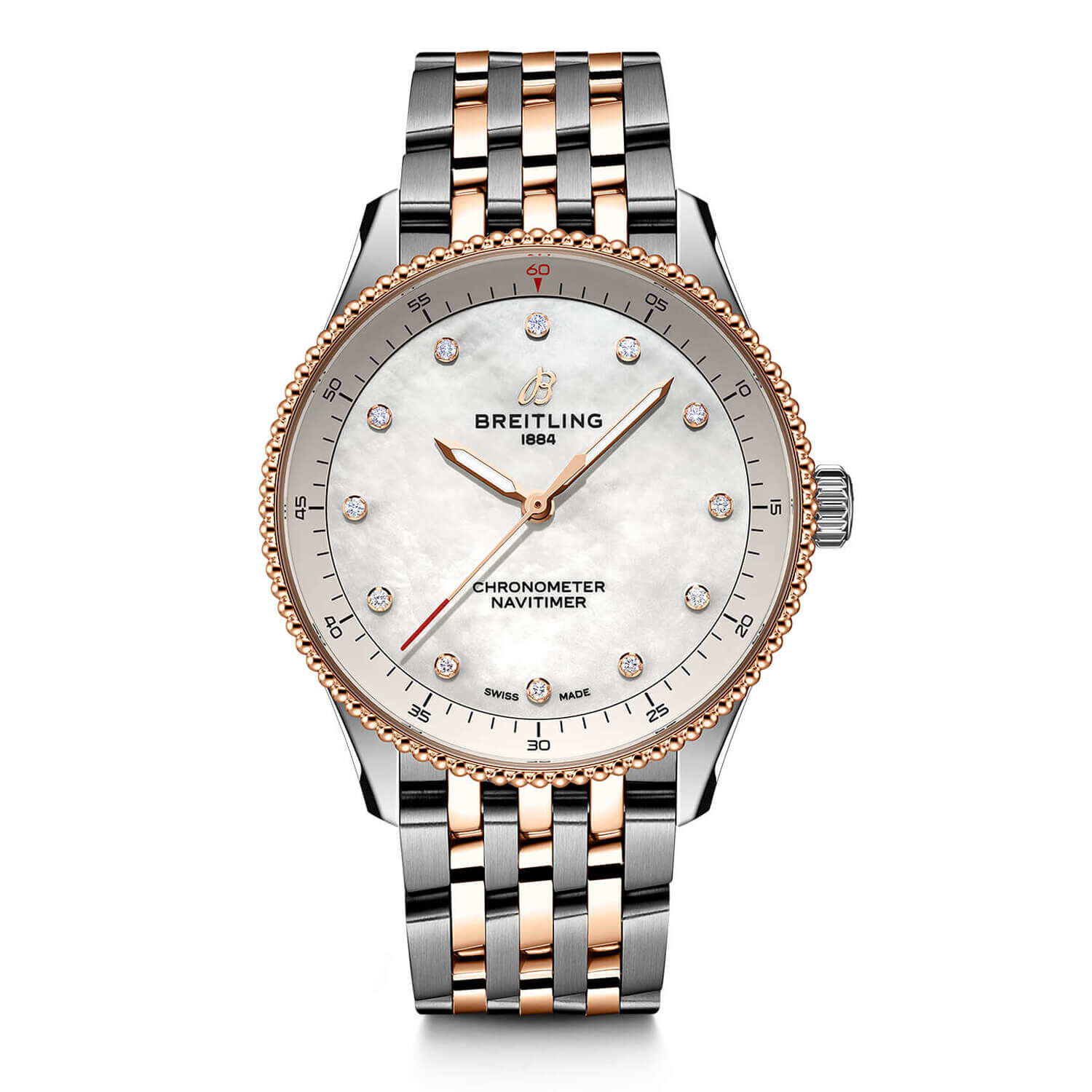 Breitling Navitimer 32mm Pearlised Lab Grown Diamond Dial Rose Gold Indexes Watch