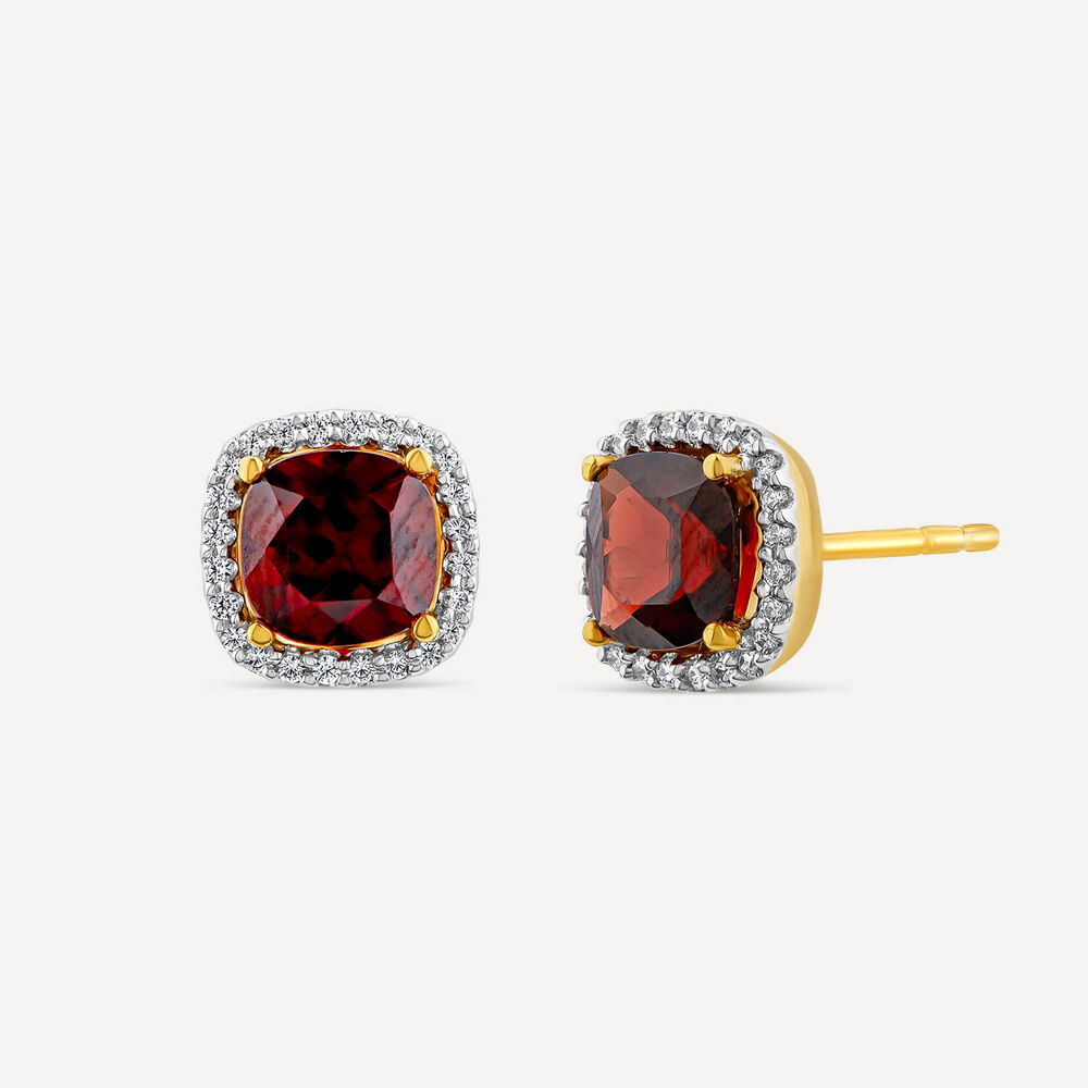 9ct Yellow Gold 0.15ct Cushion Garnet & Diamond Stud Earrings image number 1