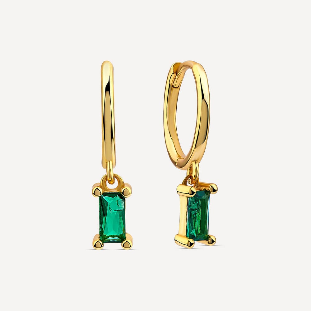 Yellow Gold Plated Sterling Silver Green Rectangular Stone Hoop Earrings image number 1