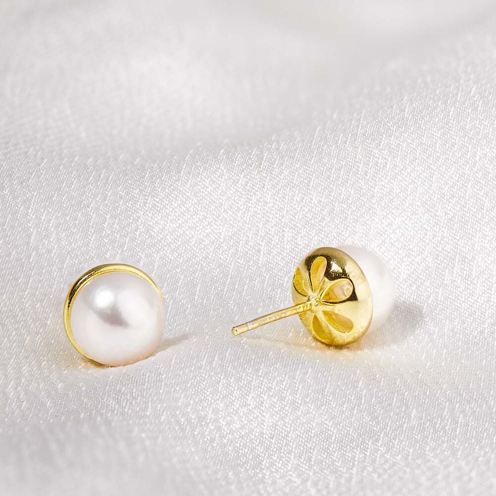 Yellow Gold Plated Sterling Silver Rim Freshwater Pearl Button Stud Earrings