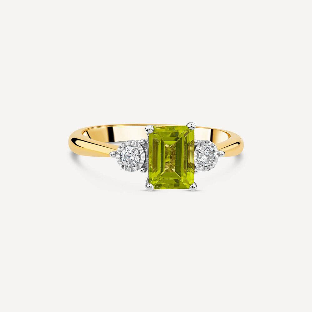 9ct Yellow Gold Emerald Cut Peridot 0.12ct Diamond Sides Ring image number 2