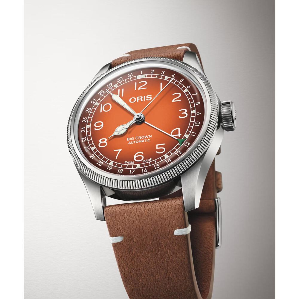 Oris x Cervo Volante Big Crown 40mm Orange Dial Brown Leather Strap Watch