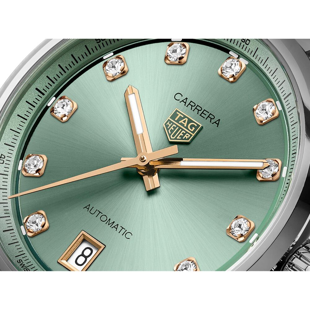 TAG Heuer Carrera Date 36mm Green Dial Diamond Dots Steel Bracelet Watch image number 2