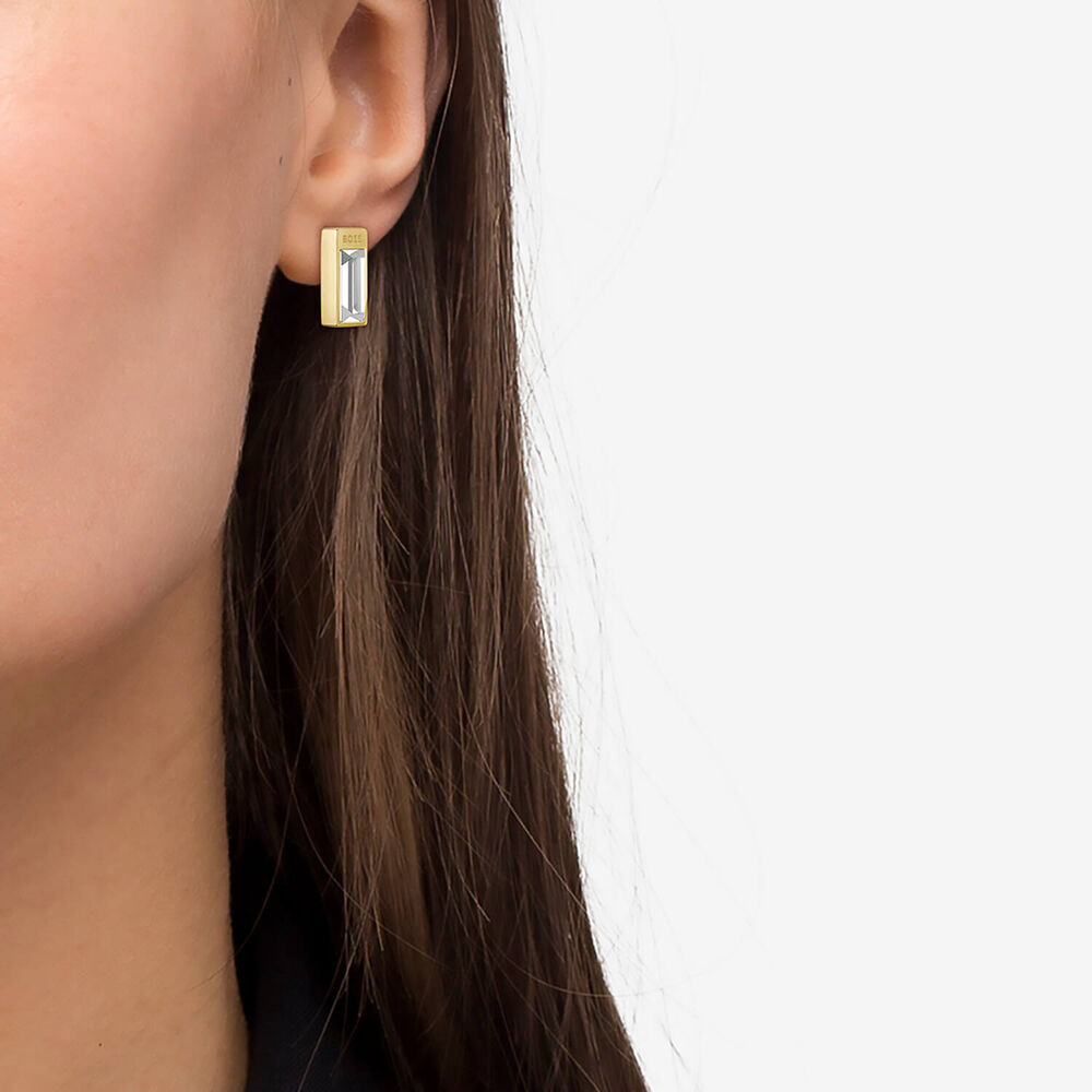 Ladies BOSS Clia Light Yellow Gold IP Crystal Baguette Earrings image number 2