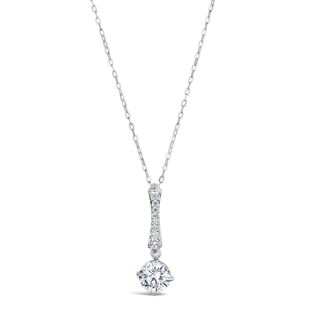 Sterling Silver Round Cubic Zirconia & Pave Bar Drop Pendant (Chain Included)