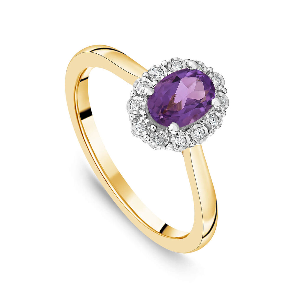 9ct Yellow Gold Oval Amethyst 0.05ct Cluster Diamond Ring image number 0