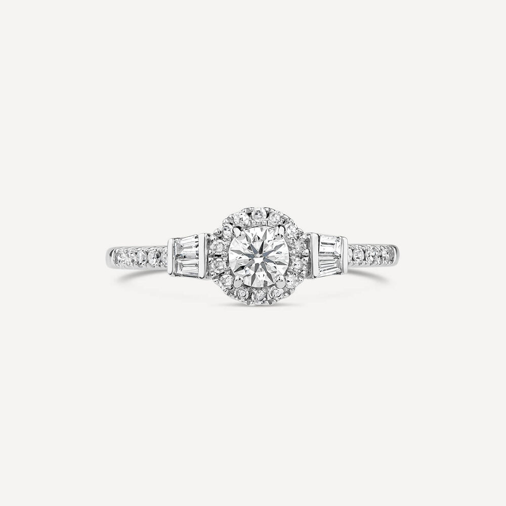 18ct White Gold 0.49ct Diamond Halo Baguette Shoulders Ring