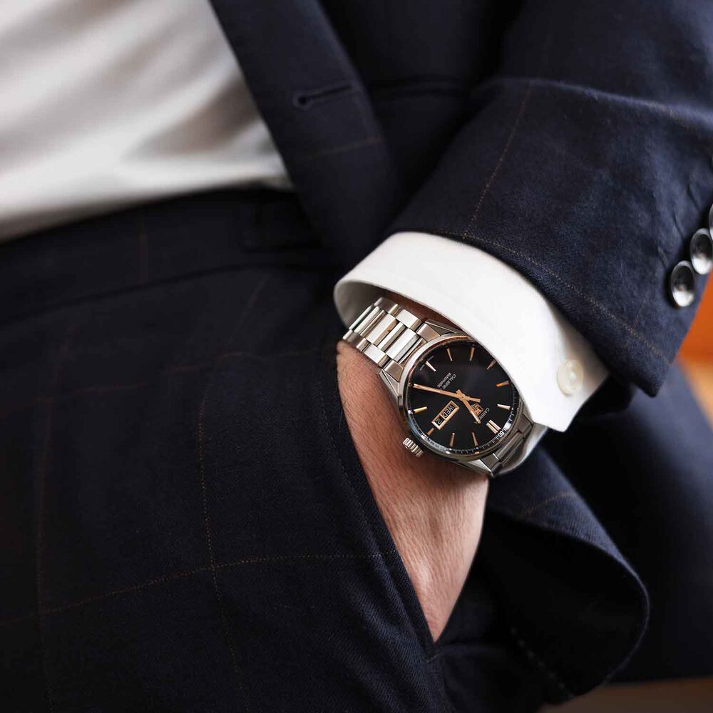 TAG Heuer Carrera Date 39mm Black Dial Rose Gold Index Stainless Steel Bracelet Watch image number 7