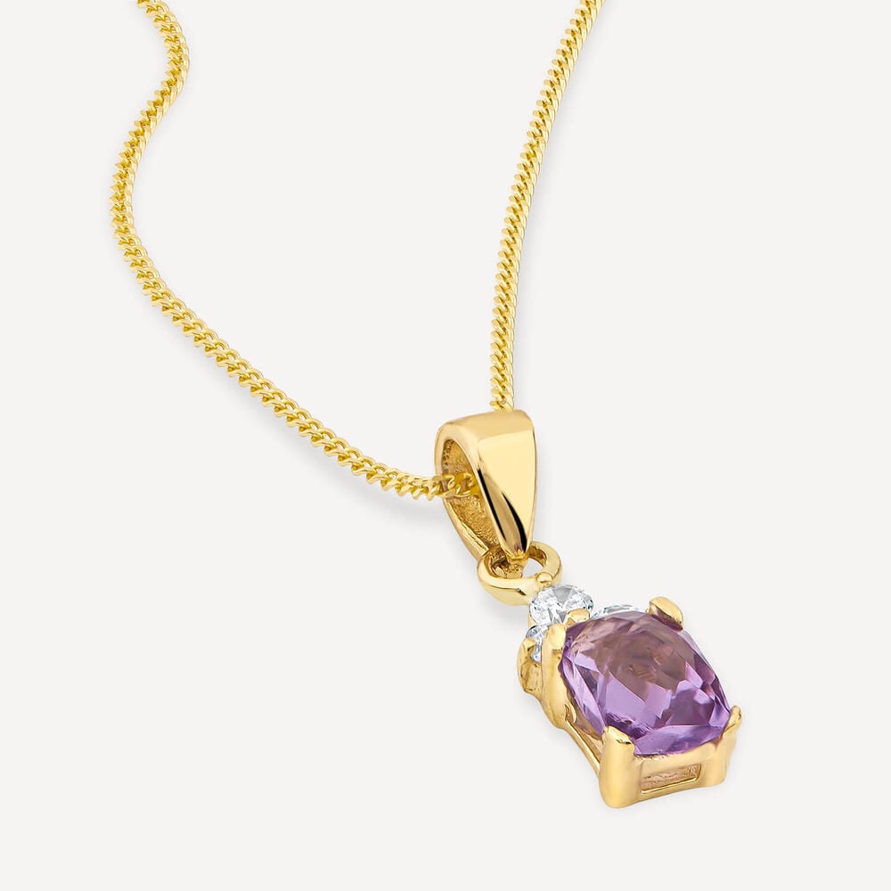 9ct Yellow Gold Rectangular Amethyst & Cubic Zirconia Trefoil Top Pendant image number 2
