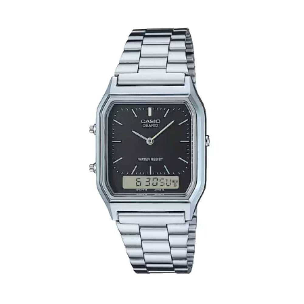 Casio Vintage 38.8x29.8mm Black Dial Dual Display Stainless Steel Bracelet Watch