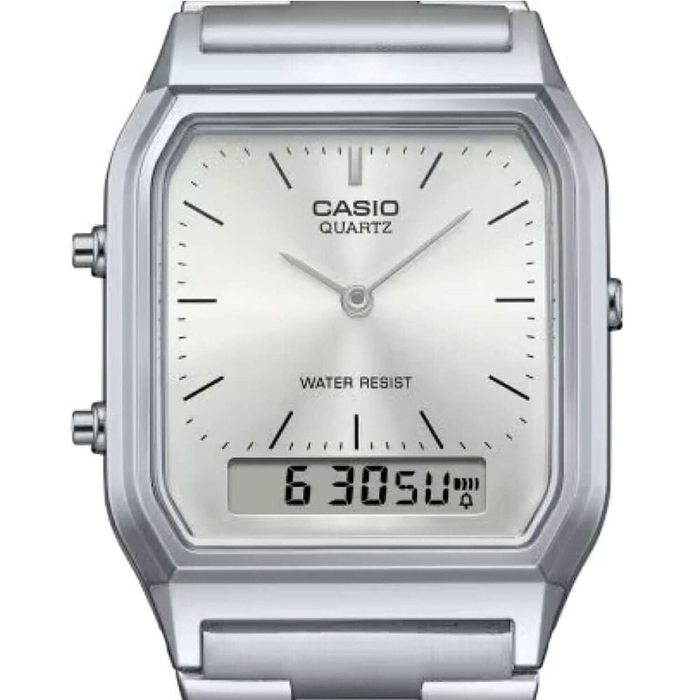 Casio Vintage 38.8x29.8mm Silver Dial Dual Display Stainless Steel Bracelet Watch