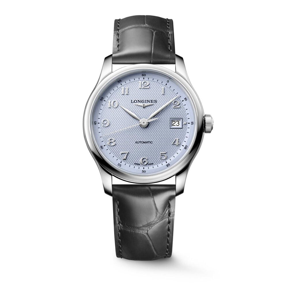 Longines Master Collection 39mm Light Blue Barleycorn Dial Anthracite Leather Strap Watch