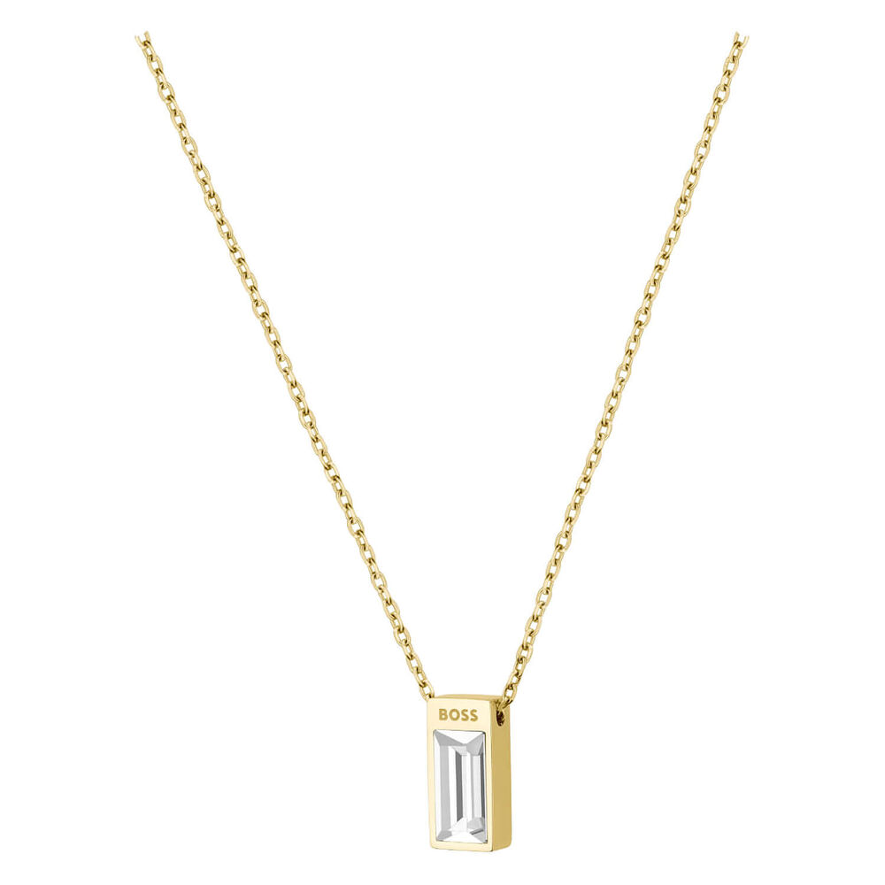 Ladies BOSS Clia Light Yellow Gold IP Baguette Crystal Necklace image number 0