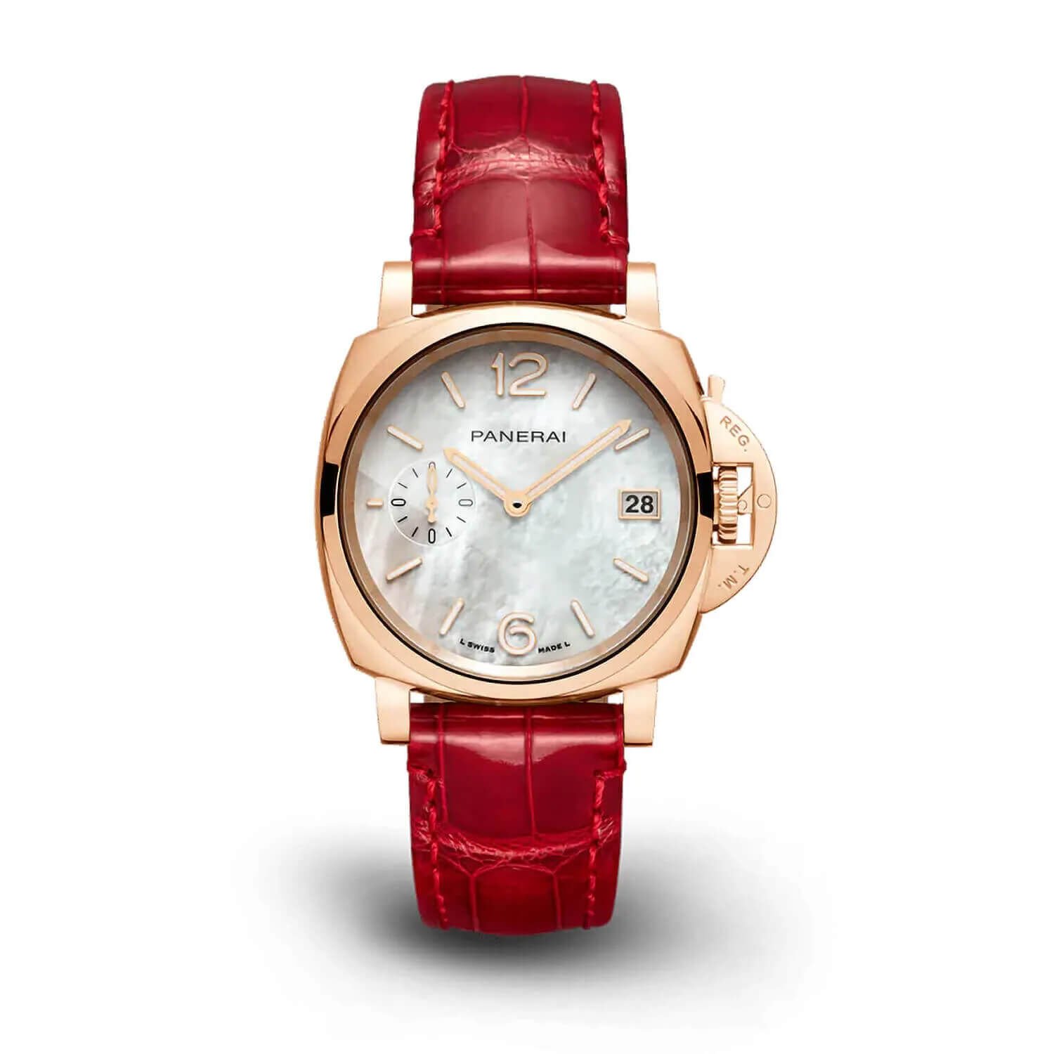 Panerai Luminor Due 38mm Goldtech Madreperla Pearlised Dial Red Strap Watch