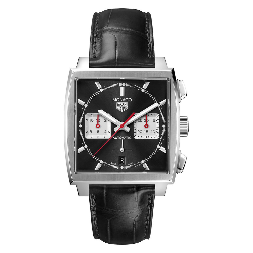 TAG Heuer Monaco Chronograph 39mm Black Dial Leather Strap Watch image number 0