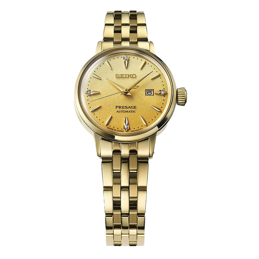 Seiko Presage Cocktail Time &lsquo;Eggnog&rsquo; 30mm Gold Dial Gold Tone Stainless Steel Bracelet Watch