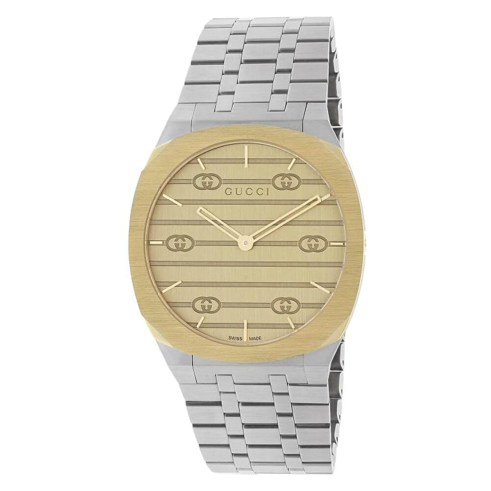 Gucci 25H  34MM Quartz Yellow Gold Plated Dial With Steel Case Bracelet Watch
