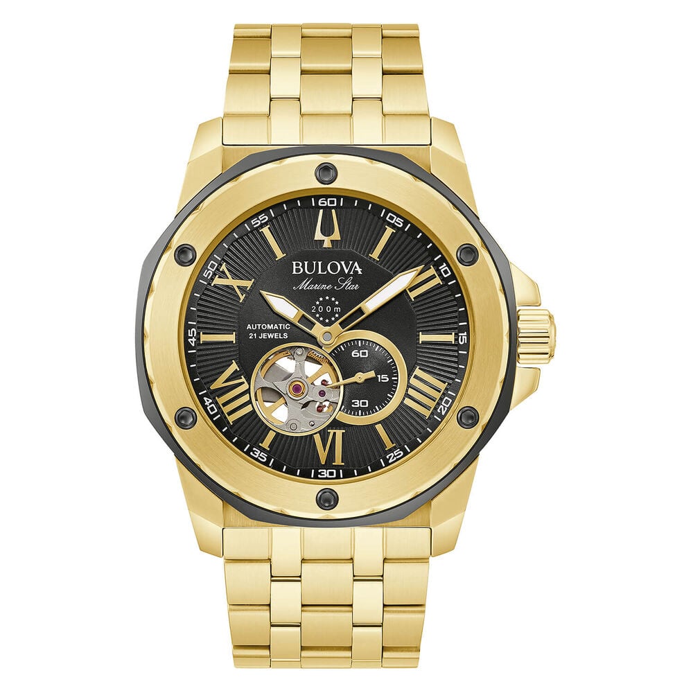Bulova Men's Marine Star Black Dial Yellow Gold PVD Bracelet Watch image number 0
