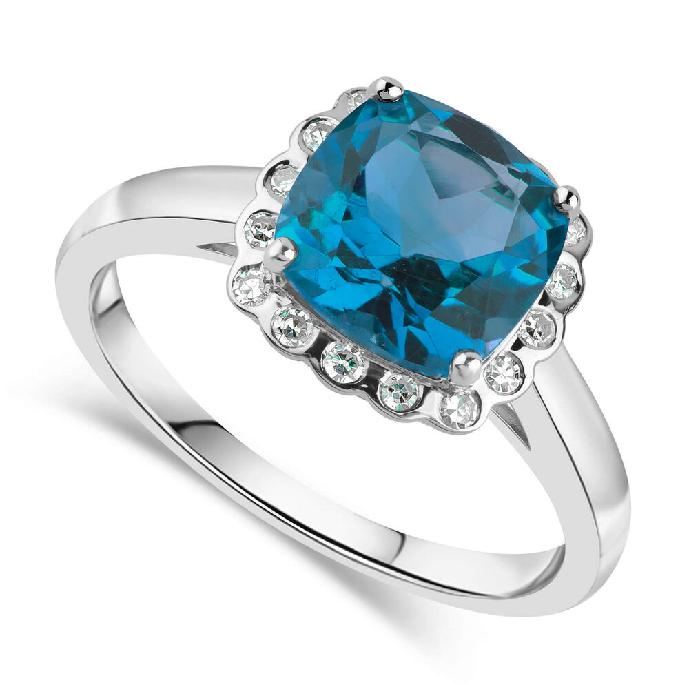 9ct White Gold Blue Topaz And Diamond Cushion Halo Ring