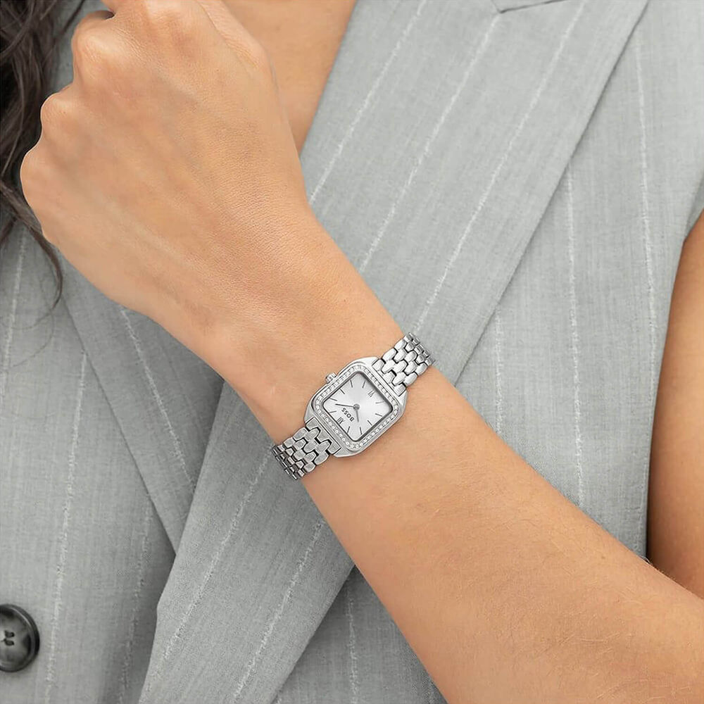 BOSS Mae Petite 22mm Silver Dial Crystal Set Bezel Steel Bracelet Watch