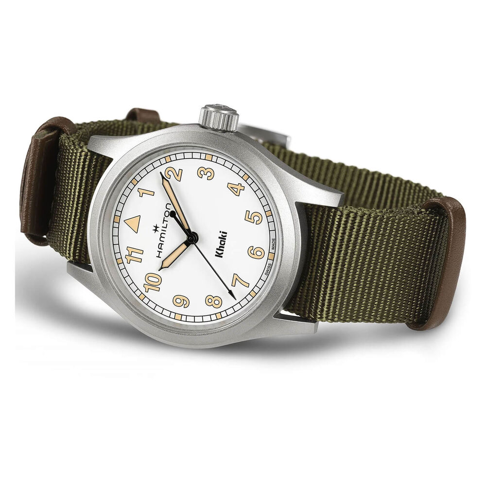 Hamilton Khaki Field Quartz 38mm White Dial Steel Case Green Strap Watch image number 4