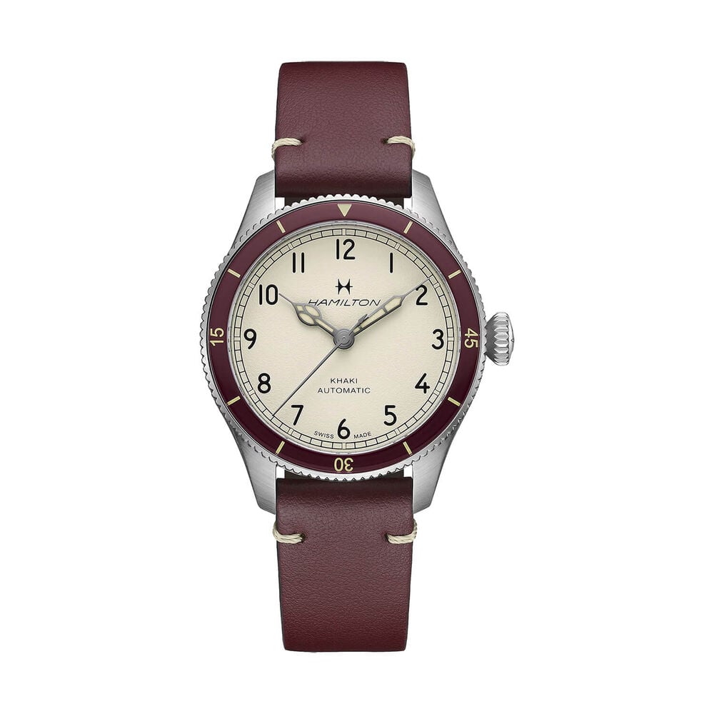 Khaki Aviation Pilot Pioneer 38mm White Dial Burgundy Leather Strap Watch