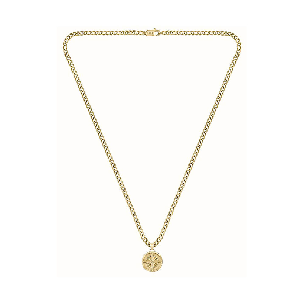 BOSS Gold Tone Compass Pendant Steel Chain Necklace