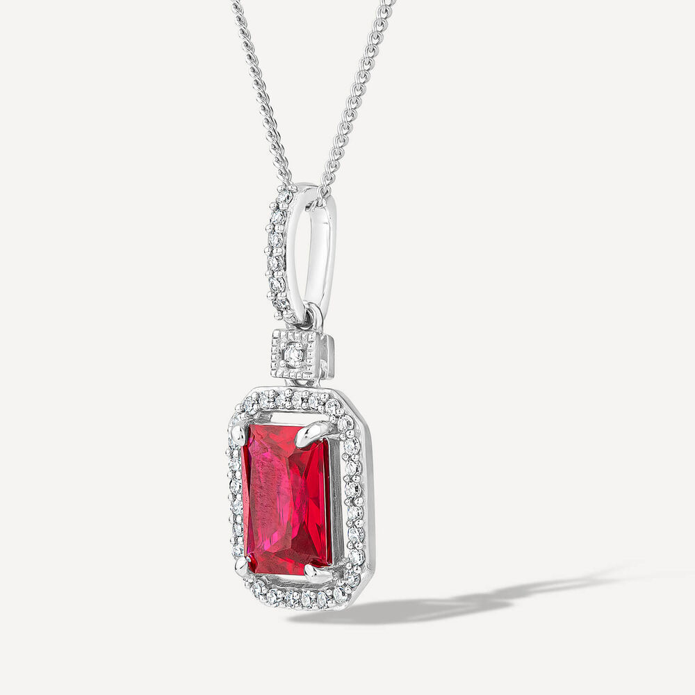 9ct White Gold Rectangular Created Ruby & Diamond Cluster Bale Pendant image number 1