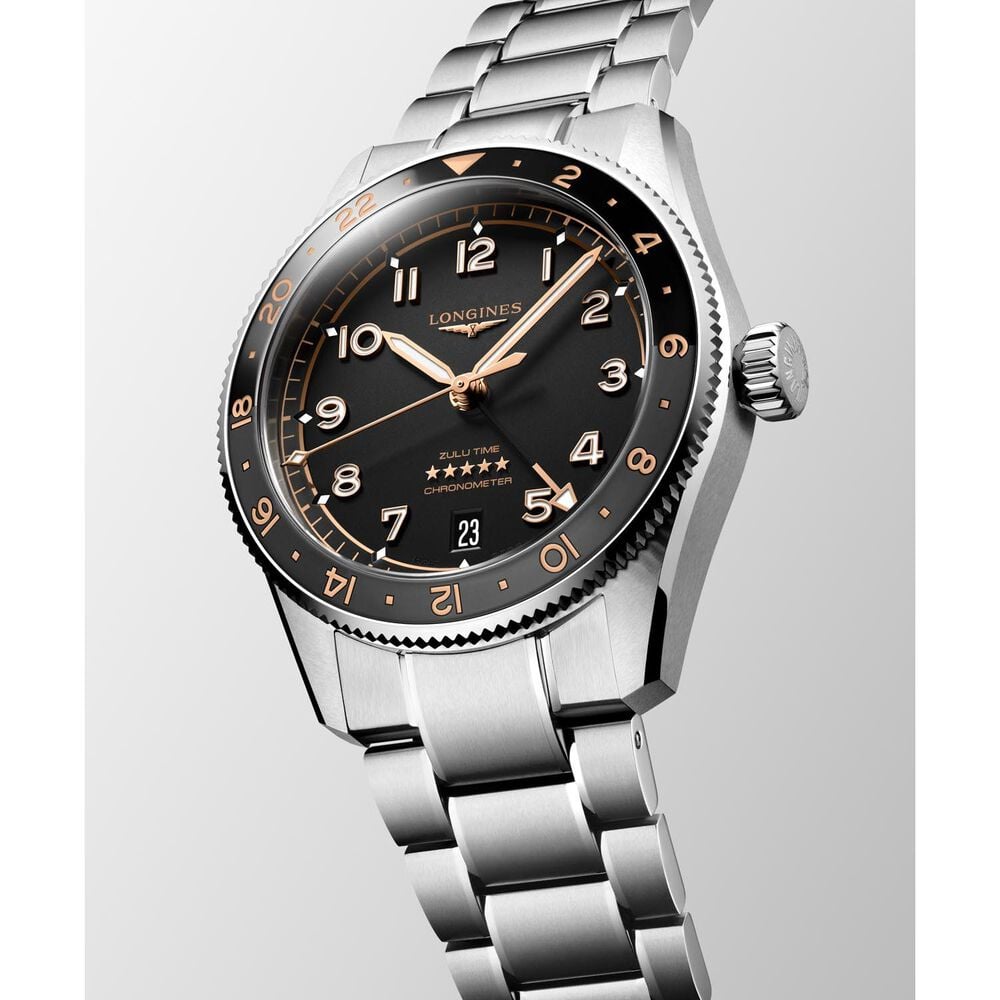 Longines Spirit Zulu Time 39mm Black Dial & Bezel Steel Bracelet Watch