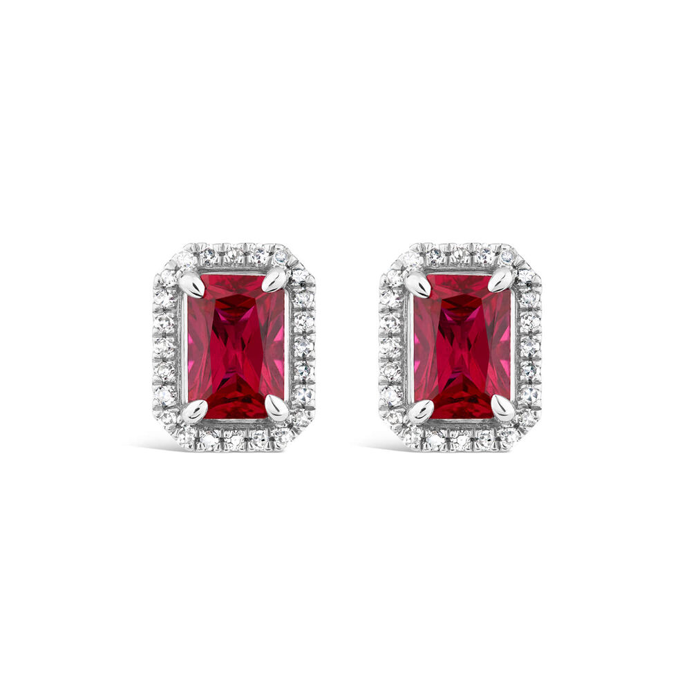 9ct White Gold Created Ruby and Diamond Rectangular Created Stud Earrings