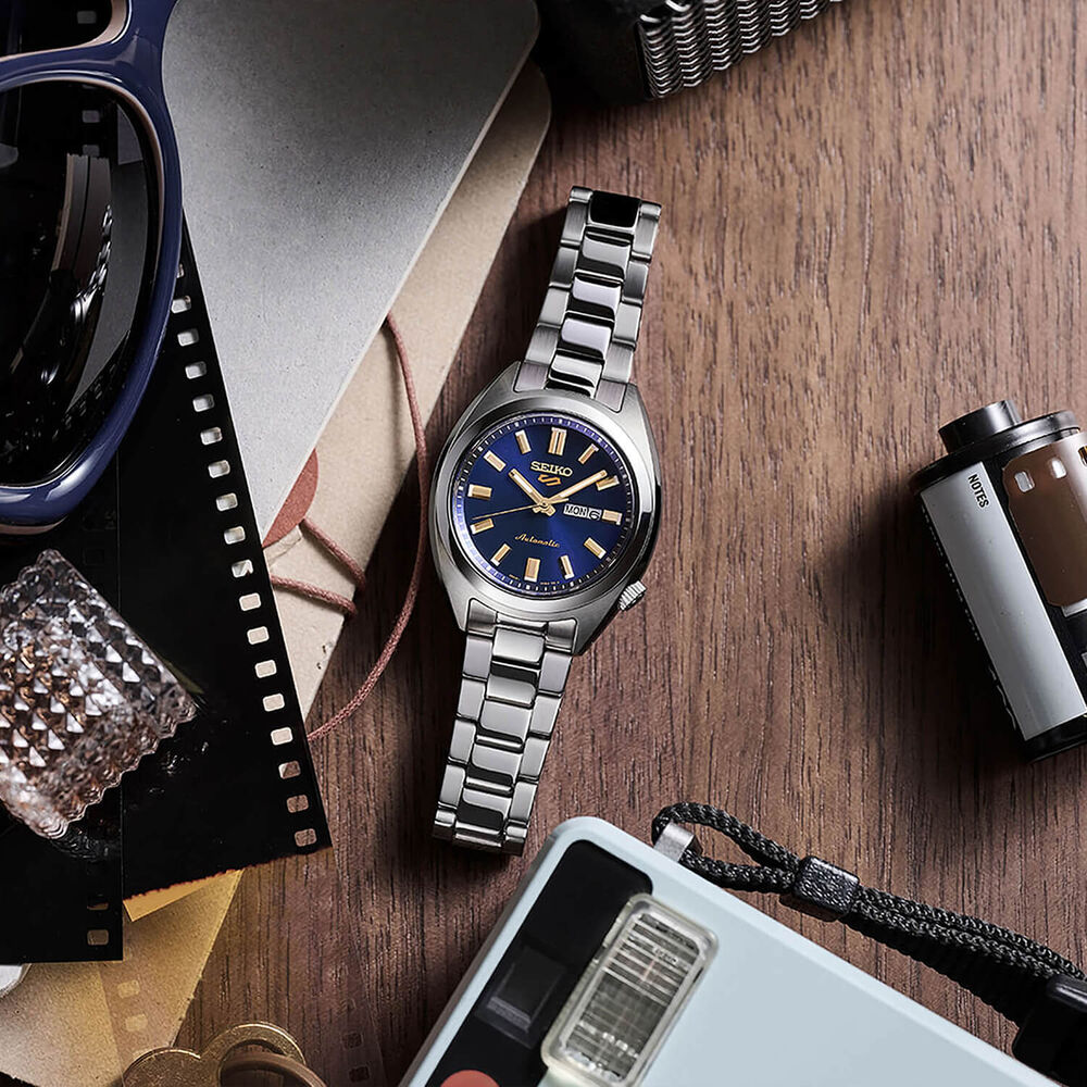 Seiko 5 Sports ‘Hebitama’ SNXS Denim Blue 32mm Dial Steel Bracelet Watch image number 6