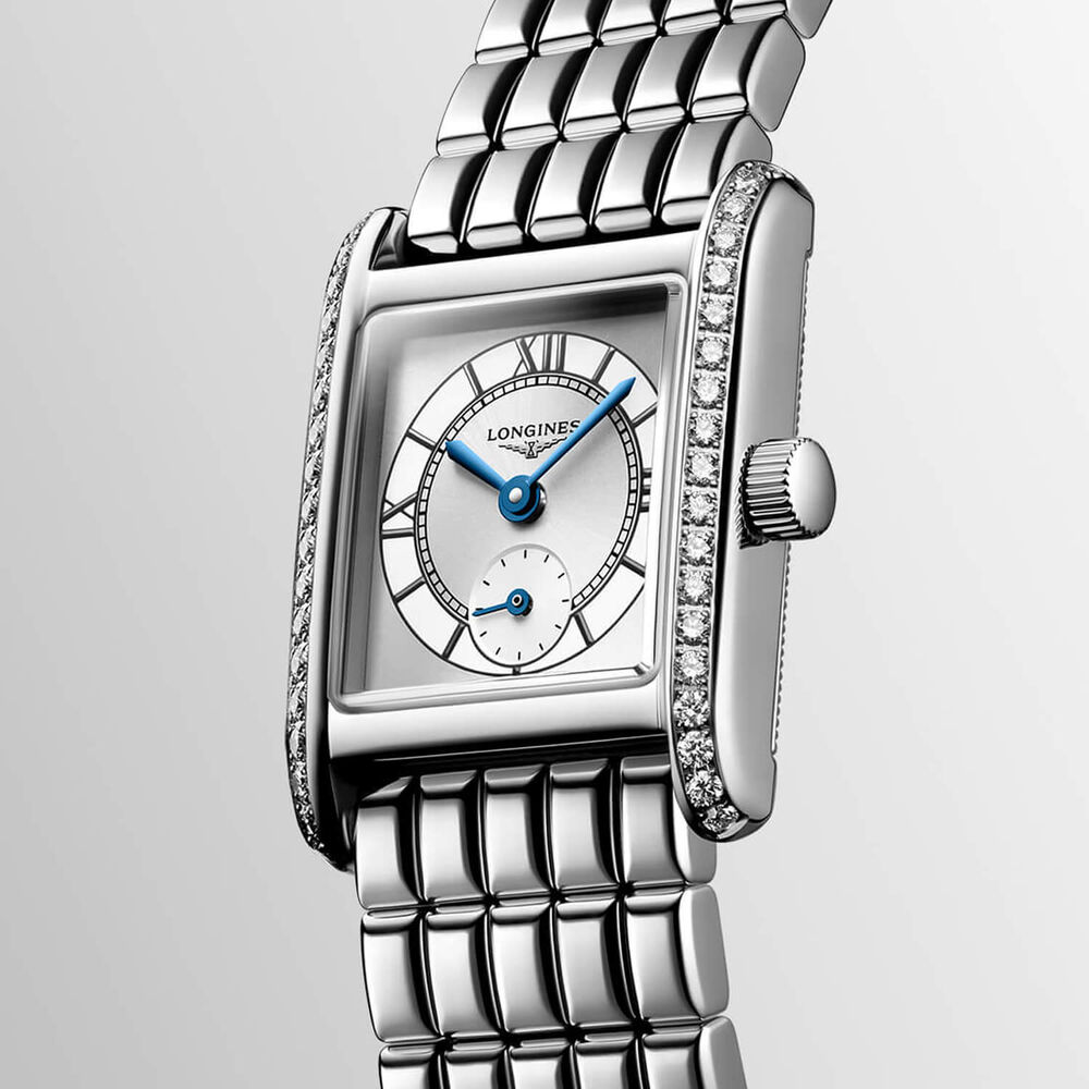 Longines MiniDolcevita 2023 29x21.5mm Silver "flinqué" Cosmo Circle Dial Diamond Case Watch image number 4