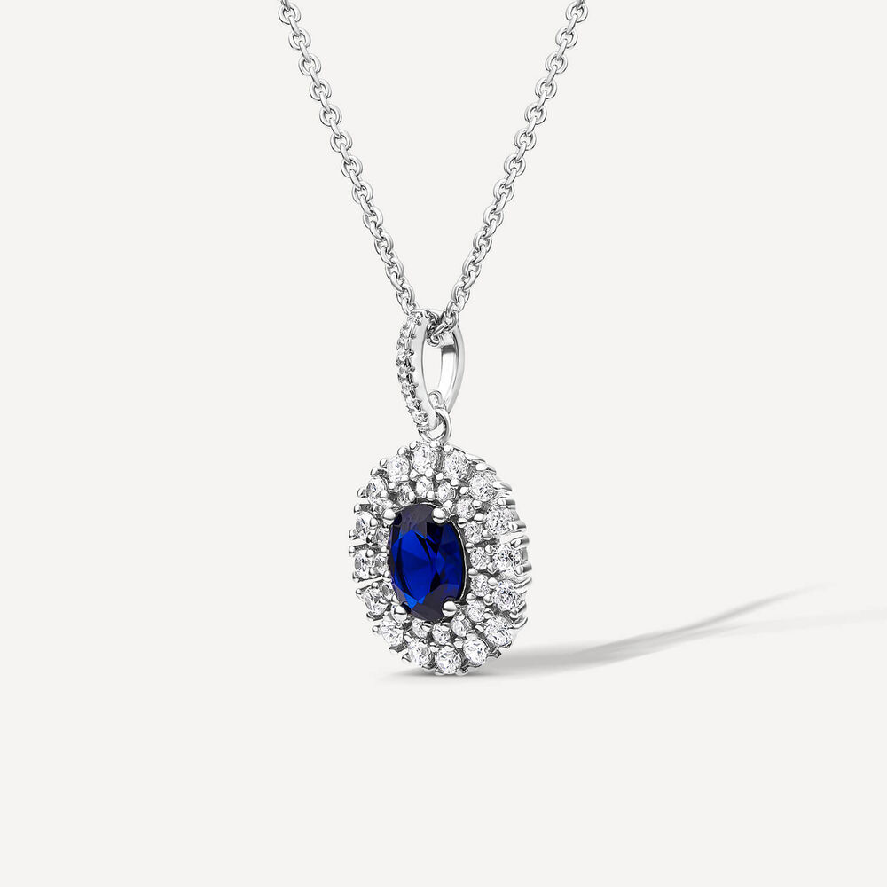 Sterling Silver Blue & White Cubic Zirconia Double Halo Pendant
