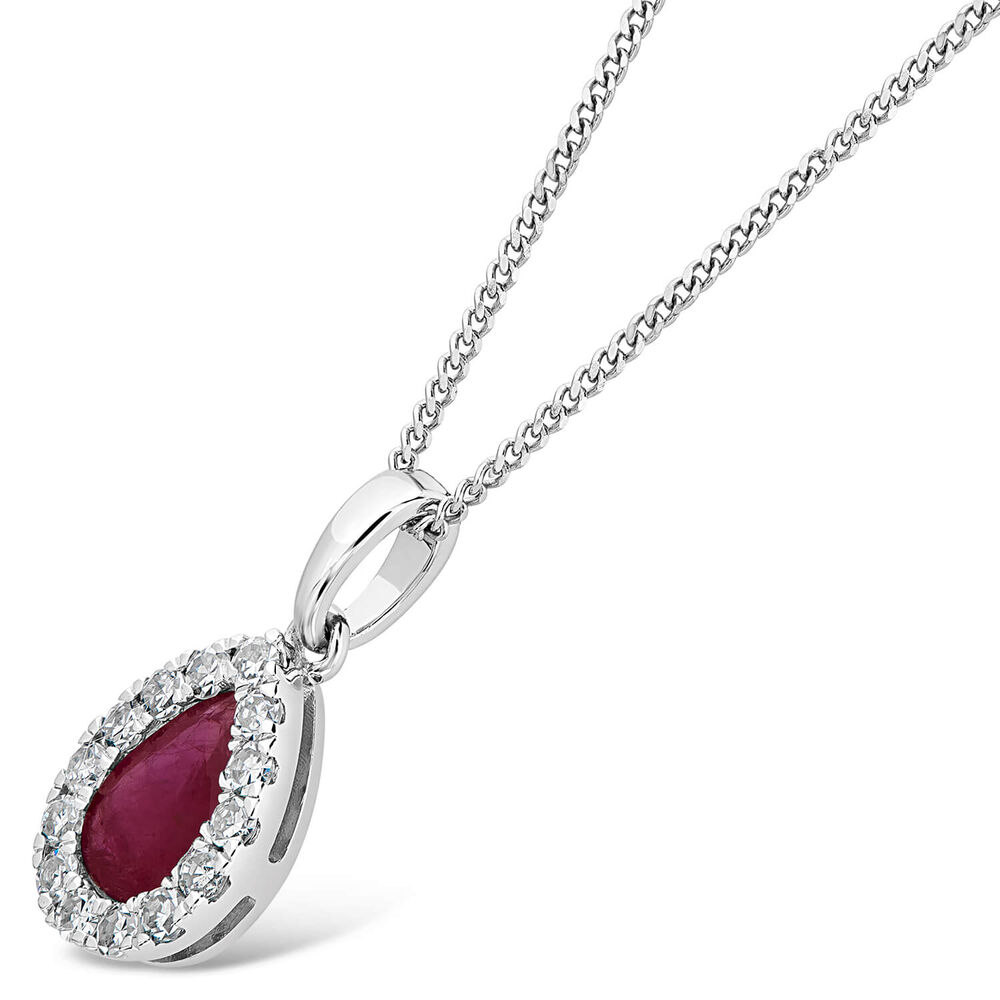 9ct White Gold 0.12ct Diamond and Ruby Pear Halo Pendant image number 1