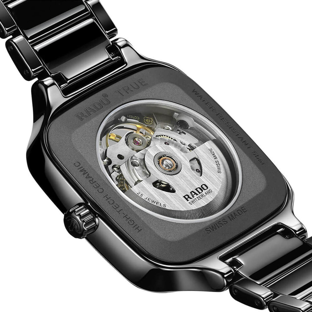 Rado True Square Automatic Open Heart 38mm Skeleton Dial Black Ceramic Bracelet Watch image number 3